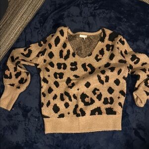 Gianni Bini Tan and Black V-Neck Sweater with Leopard Print